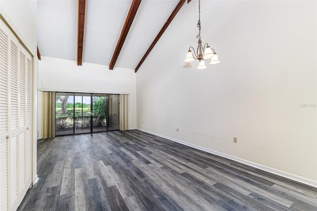 unfurnished living room featuring an inviting chandelier, high vaulted ceiling, beam ceiling, and dark wood-type flooring