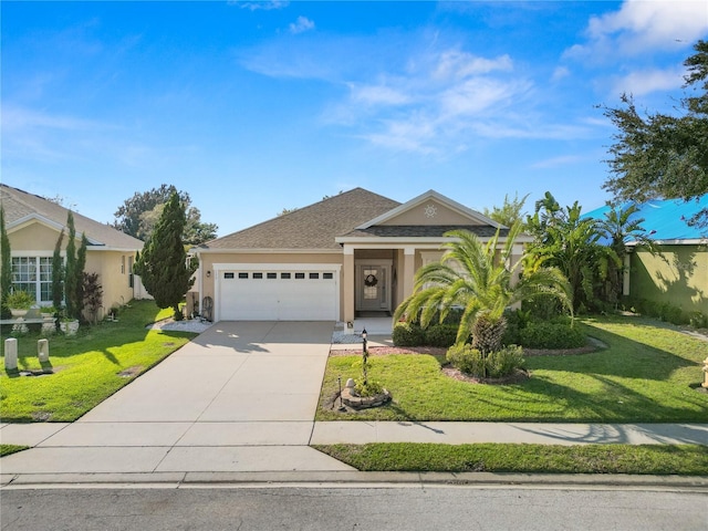 view of front of property with a garage, concrete driveway, roof with shingles, stucco siding, and a front lawn