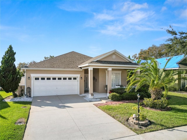 view of front facade with stucco siding, a shingled roof, concrete driveway, a garage, and a front lawn