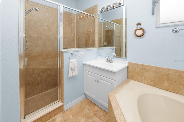 bathroom with tile patterned floors, a shower stall, vanity, and a bath