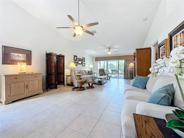 living room featuring high vaulted ceiling, visible vents, ceiling fan, and light tile patterned floors