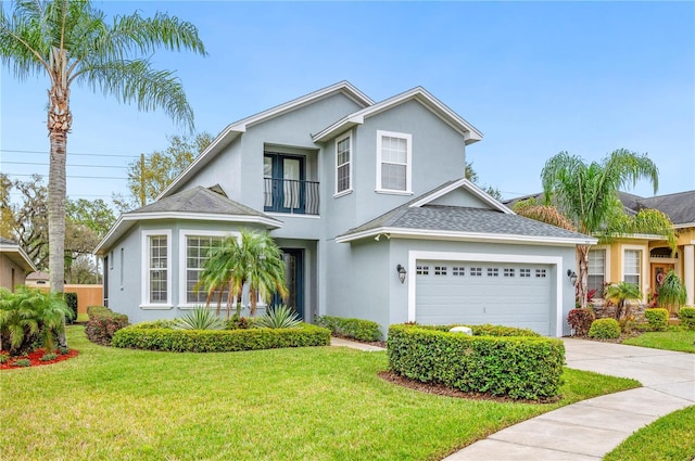 traditional home featuring a balcony, concrete driveway, roof with shingles, stucco siding, and a front yard