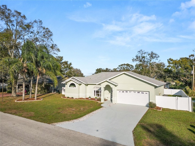 single story home with a garage, fence, driveway, stucco siding, and a front yard