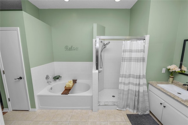 full bath with vanity, a textured ceiling, tile patterned flooring, tiled shower, and a bath