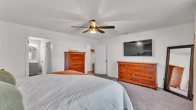 bedroom with baseboards, ceiling fan, visible vents, and carpet flooring