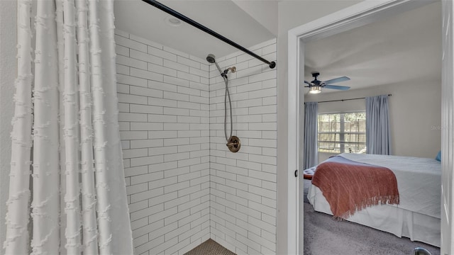 bedroom with carpet floors and a ceiling fan