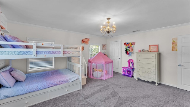 bedroom with ornamental molding, a closet, light carpet, and an inviting chandelier