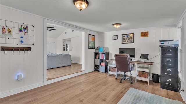 office with ceiling fan and light wood-style flooring