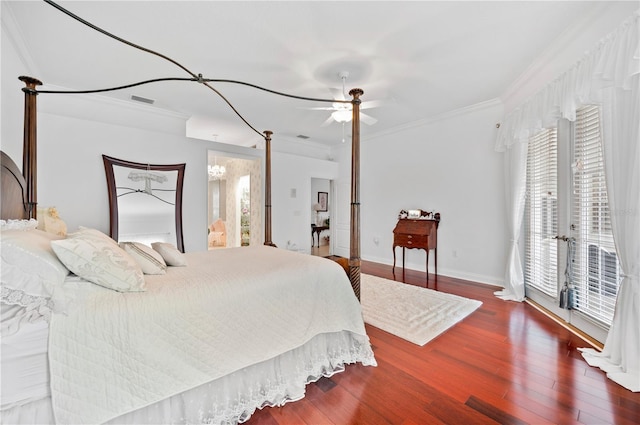 bedroom with ceiling fan, wood finished floors, baseboards, access to outside, and ornamental molding