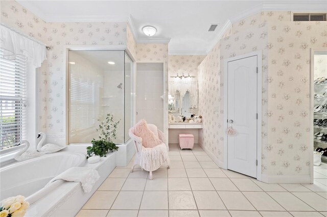 bathroom with crown molding, a stall shower, visible vents, and wallpapered walls