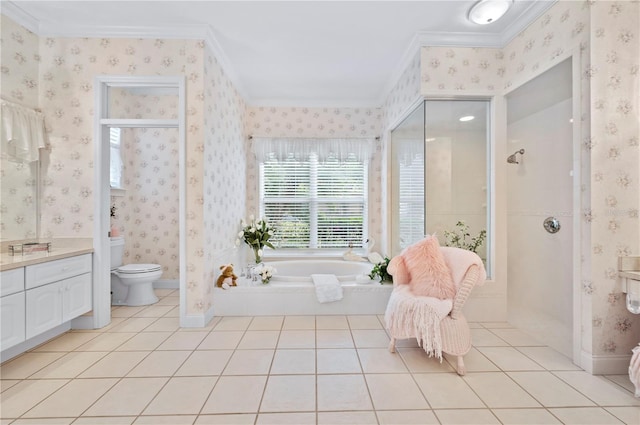 full bath featuring ornamental molding and wallpapered walls