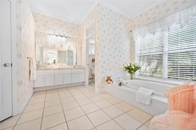 full bathroom featuring baseboards, a bath, tile patterned floors, wallpapered walls, and crown molding