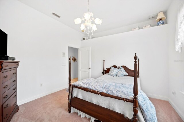 bedroom featuring a chandelier, visible vents, light carpet, and baseboards