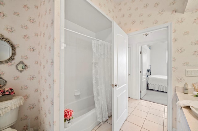 full bath with shower / tub combo with curtain, tile patterned floors, and wallpapered walls