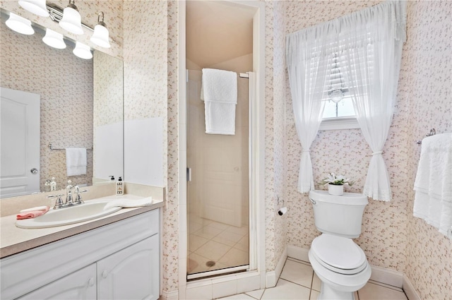 full bathroom featuring toilet, a stall shower, vanity, tile patterned flooring, and wallpapered walls