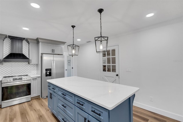 kitchen with light wood-style flooring, ornamental molding, stainless steel appliances, wall chimney range hood, and backsplash