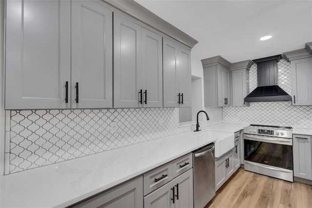 kitchen with tasteful backsplash, gray cabinets, stainless steel appliances, light wood-type flooring, and wall chimney range hood