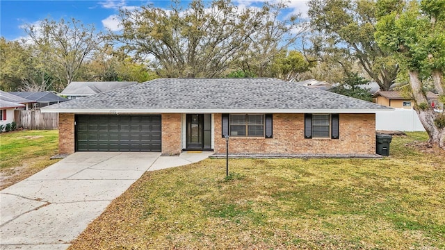 ranch-style house with a garage, driveway, a front lawn, and fence