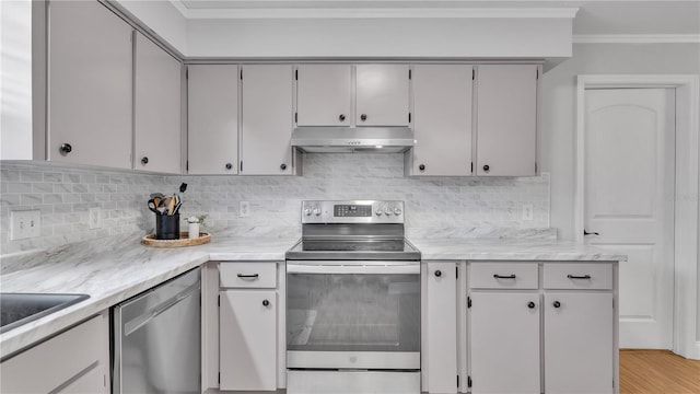 kitchen featuring crown molding, decorative backsplash, appliances with stainless steel finishes, light wood-type flooring, and under cabinet range hood