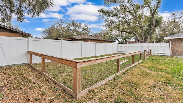 view of yard featuring a fenced backyard and a garden