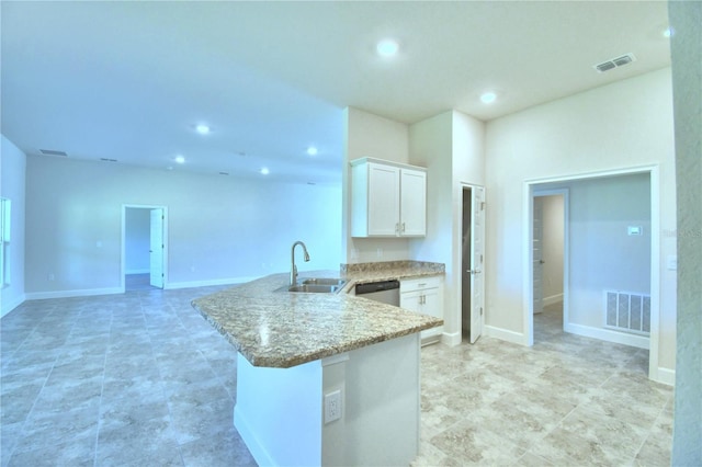 kitchen featuring white cabinetry, a sink, visible vents, and stainless steel dishwasher