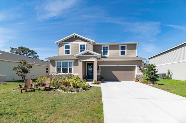 craftsman-style house with an attached garage, central AC, driveway, and a front lawn