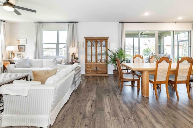 interior space with dark wood-style flooring, a wealth of natural light, and a ceiling fan