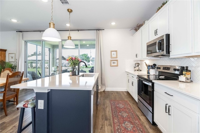 kitchen with appliances with stainless steel finishes, a healthy amount of sunlight, an island with sink, and tasteful backsplash