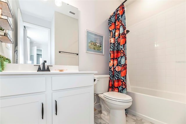 bathroom with visible vents, shower / bath combo, vanity, and toilet