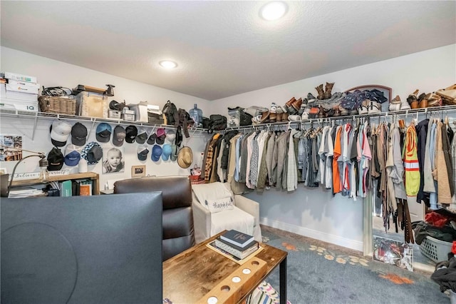 walk in closet with carpet floors