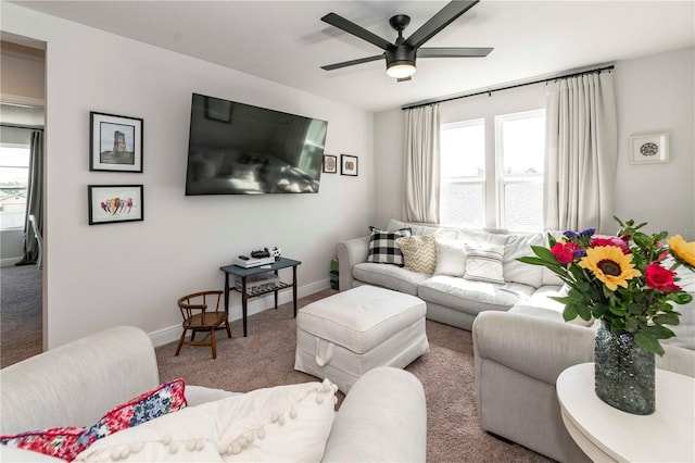 carpeted living area with a healthy amount of sunlight, baseboards, and a ceiling fan