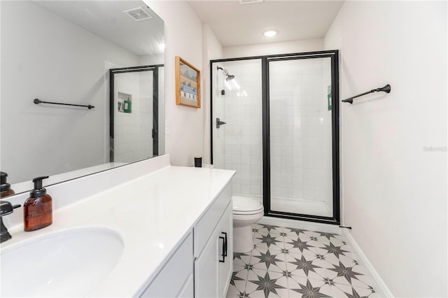 full bathroom with toilet, a shower stall, visible vents, and tile patterned floors