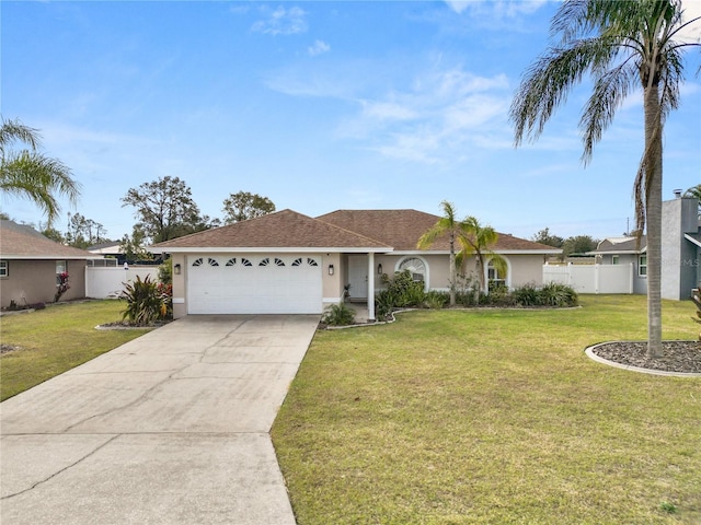 single story home with a front yard, concrete driveway, an attached garage, and stucco siding