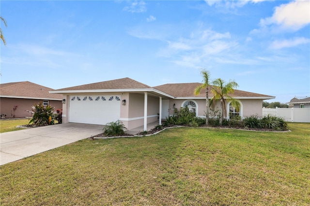 ranch-style house with an attached garage, fence, concrete driveway, stucco siding, and a front yard