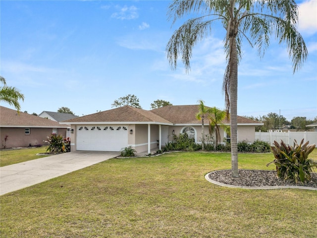 single story home with an attached garage, fence, concrete driveway, stucco siding, and a front lawn