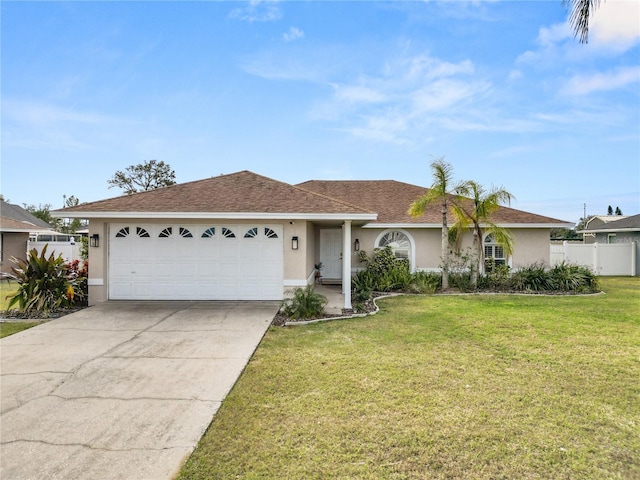 ranch-style home featuring stucco siding, an attached garage, fence, driveway, and a front lawn