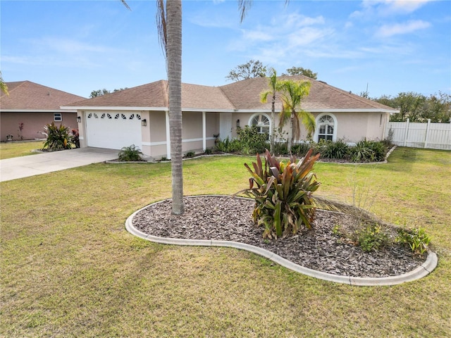 ranch-style home featuring stucco siding, an attached garage, a front yard, fence, and driveway