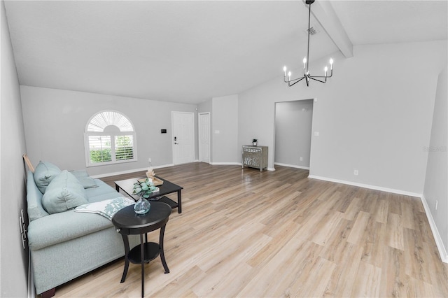 living room featuring vaulted ceiling with beams, light wood-type flooring, a chandelier, and baseboards