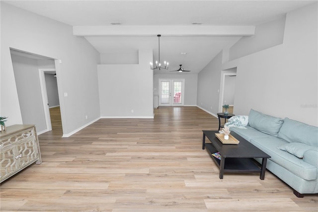 living room with vaulted ceiling with beams, light wood-style floors, and baseboards