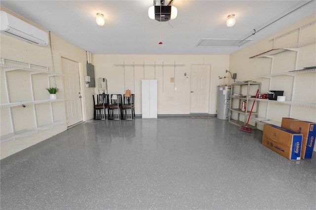 garage with electric panel, a garage door opener, gas water heater, and a wall mounted air conditioner