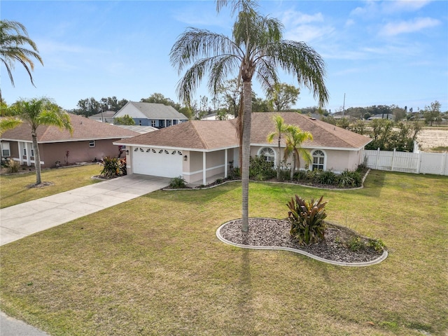 single story home featuring driveway, an attached garage, fence, and a front lawn