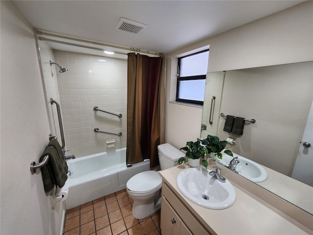 full bath featuring visible vents, toilet, shower / tub combo, vanity, and tile patterned flooring