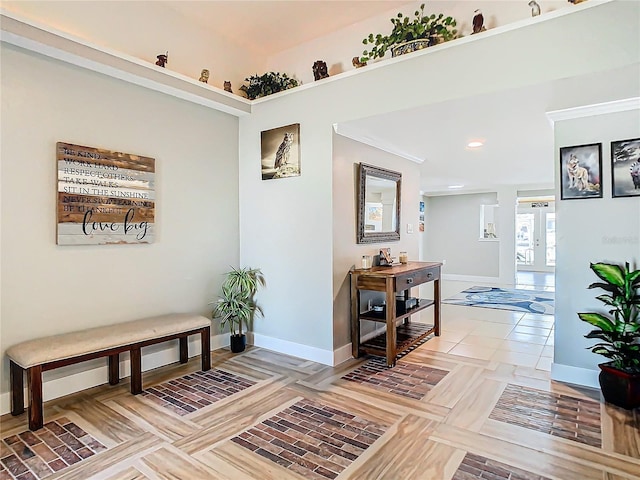 hallway with light tile patterned flooring, baseboards, and recessed lighting