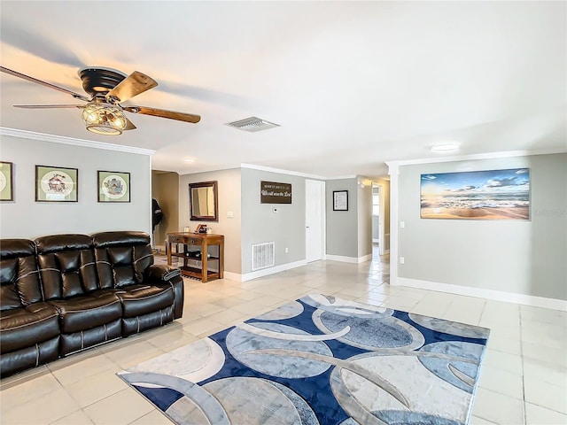 living room featuring baseboards, visible vents, crown molding, and light tile patterned flooring