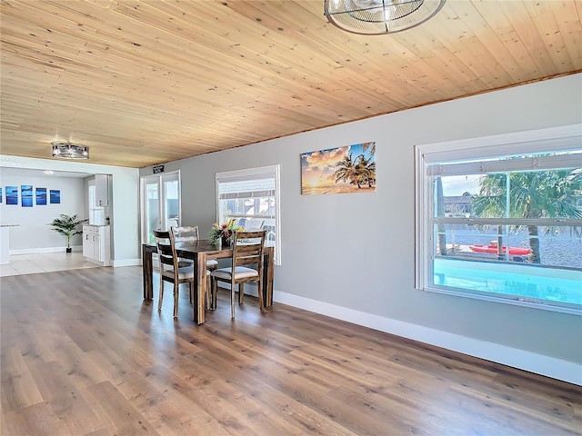 dining room featuring wood ceiling, baseboards, and wood finished floors