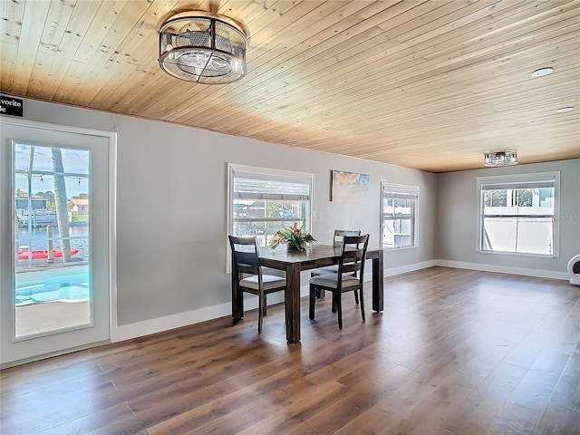 dining space featuring wood ceiling, baseboards, and dark wood finished floors