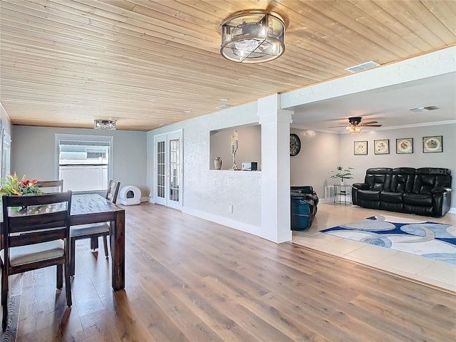 dining area featuring french doors, wooden ceiling, wood finished floors, and visible vents