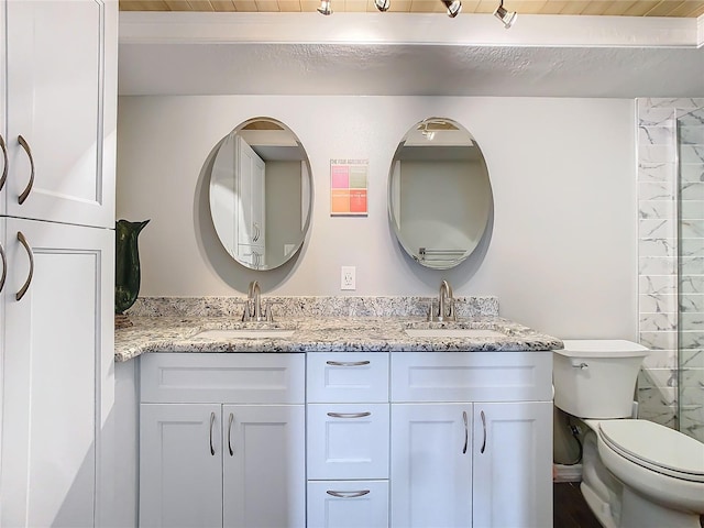 bathroom with a sink, toilet, and double vanity