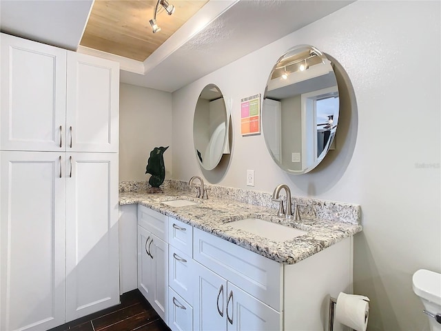 bathroom featuring double vanity, a raised ceiling, a sink, and wood finished floors