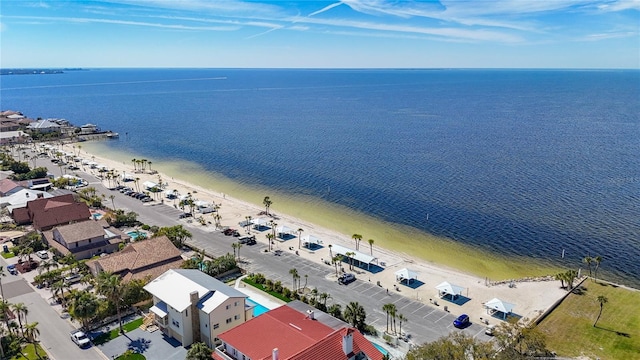 bird's eye view with a beach view and a water view